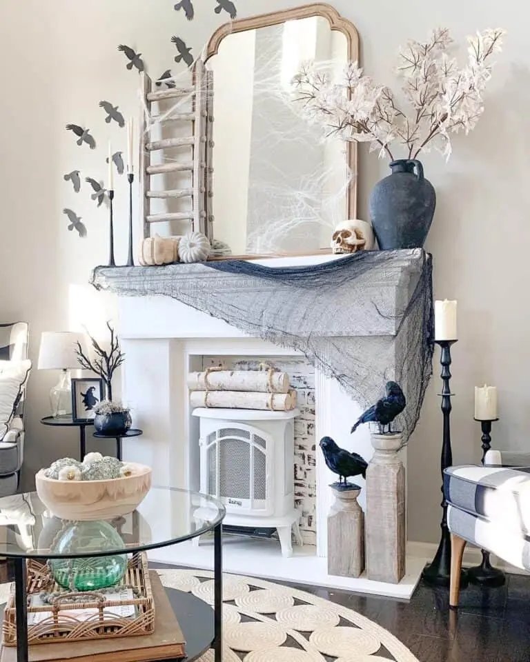 Crow Decor on White Mantel