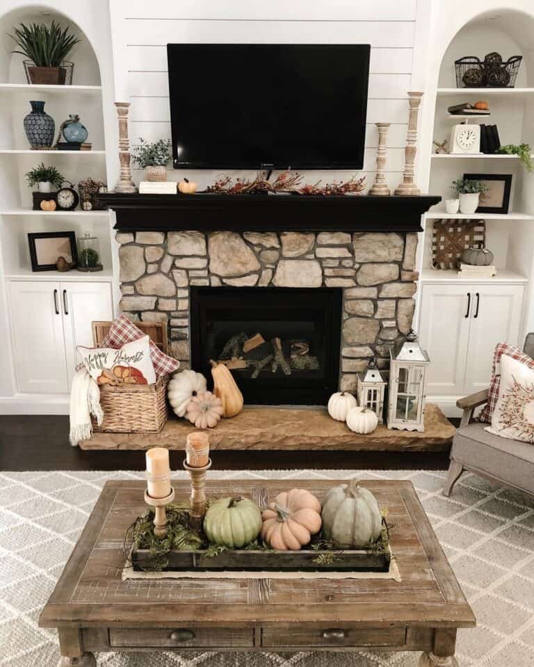 Stone Fireplace with Rustic Table