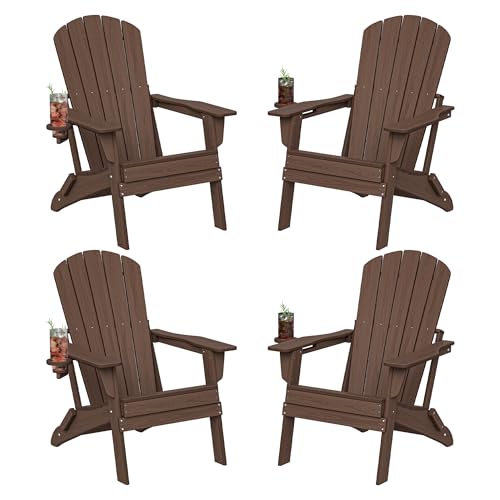 Plawdlik Folding Adirondack Chair Set of 4, Cup Holder，Wooden Textured ，Heavy All-Weather HDPE Comfortable Set Poolside Backyard Lawn Coffee